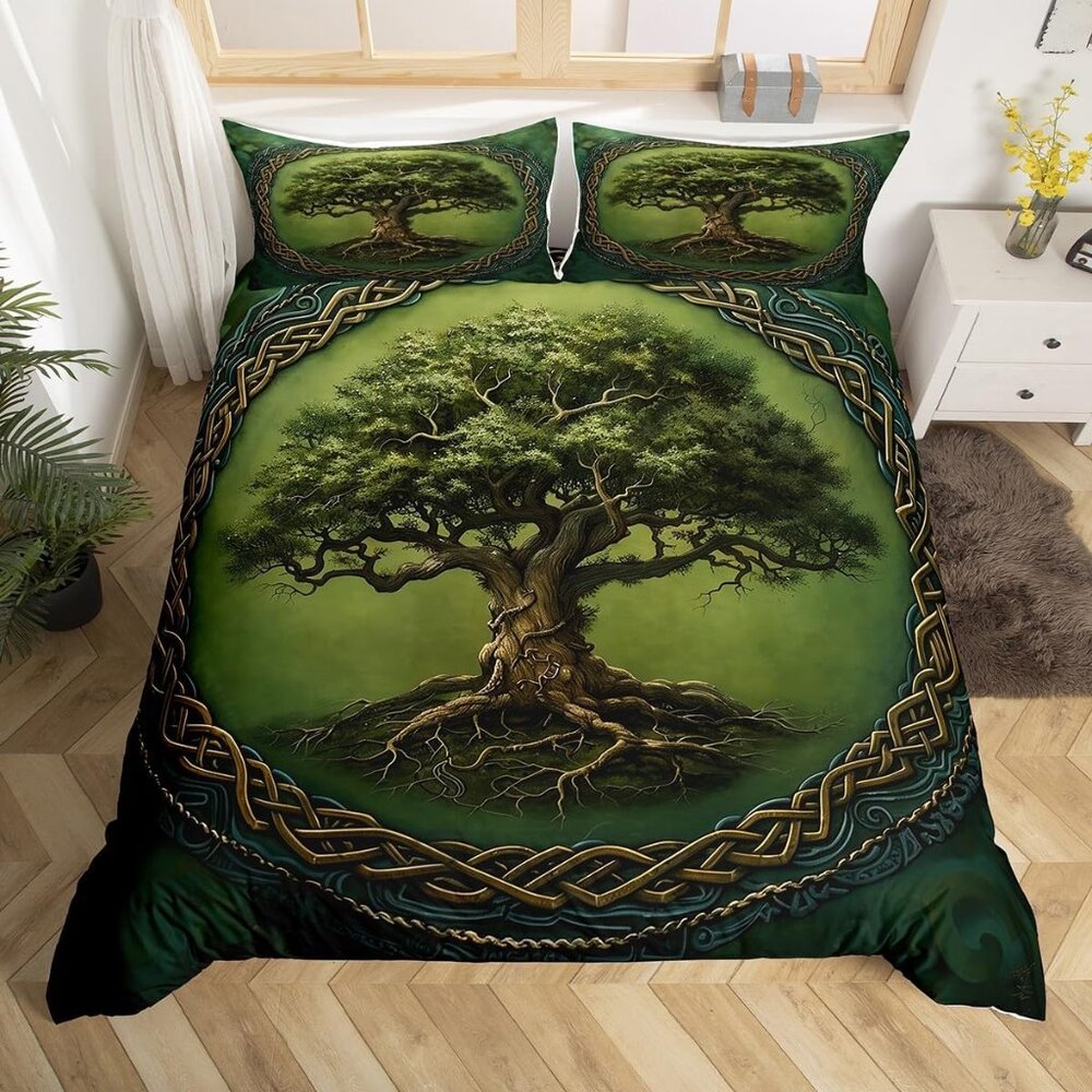 Tree of Life Duvet Cover Queen Size,Boho Tribal Tree Branches Mystic Green Beddi